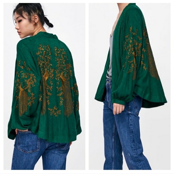 zara green embroidered kimono